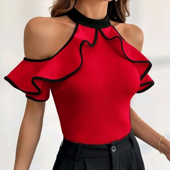 Women's Elegant Commuter Color-Block Ruffle Ruffle Short Sleeve T-Shirt - Picture 6 of 6